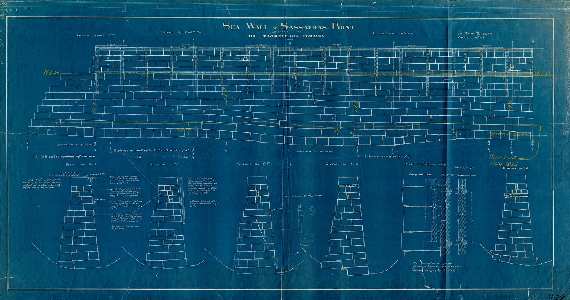 Historic blueprint from Providence Rhode Island Seawall construction 1905