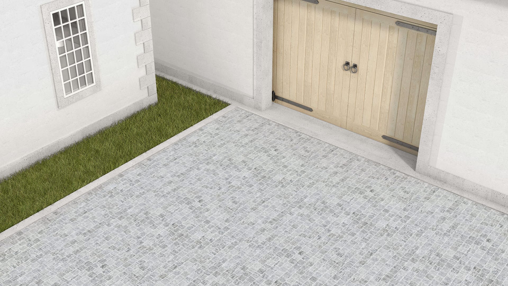  SDT1508 SDM395 M1023 Pietra Italia Gray Gneiss - Sand Blasted | Pattern DP061 Paving - Half Running Bond - Sawn Edge - Dimensional 3 Pieces 1 Size* | 4x4"
