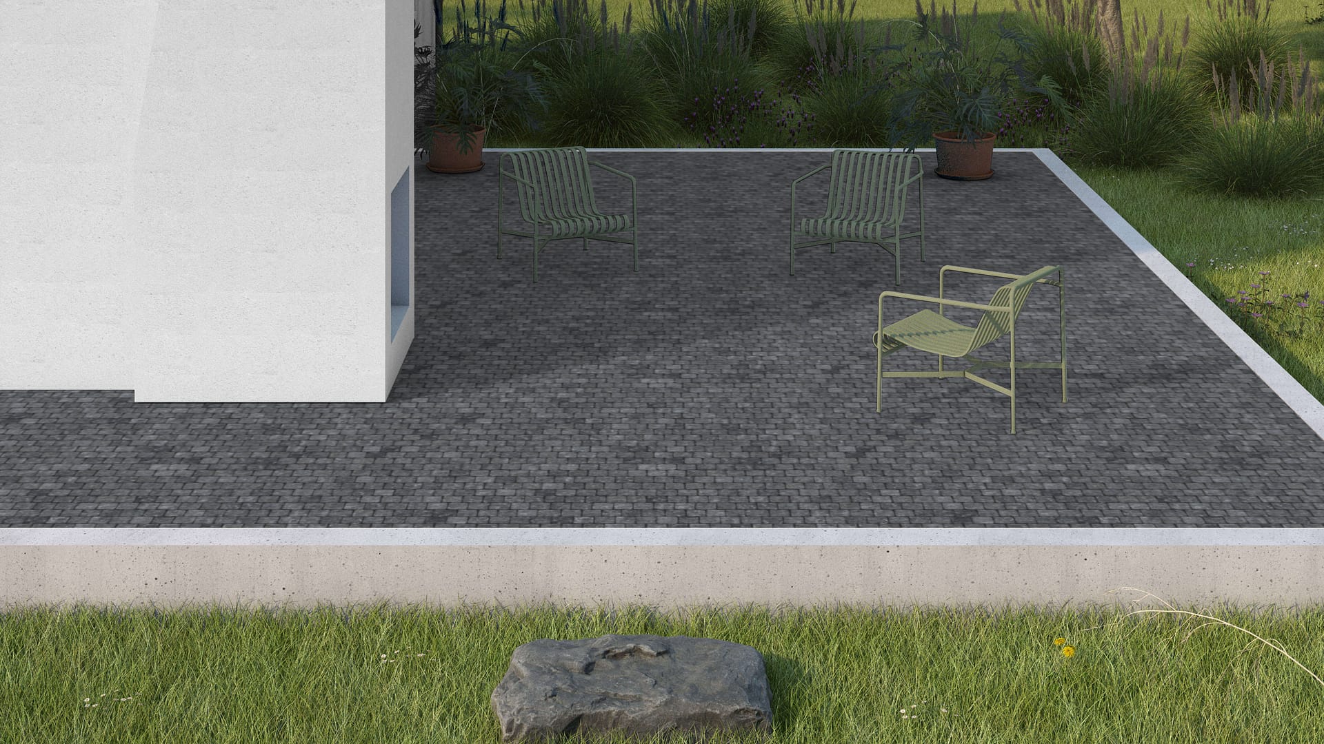  SDT1563 SDM495 M546 Belgian Bluestone Cobblestones - Split-face | Pattern DP054 Paving - Reclaimed Cobblestone Running Bond Pattern - Cubes - Split Edge - Constant Sizes