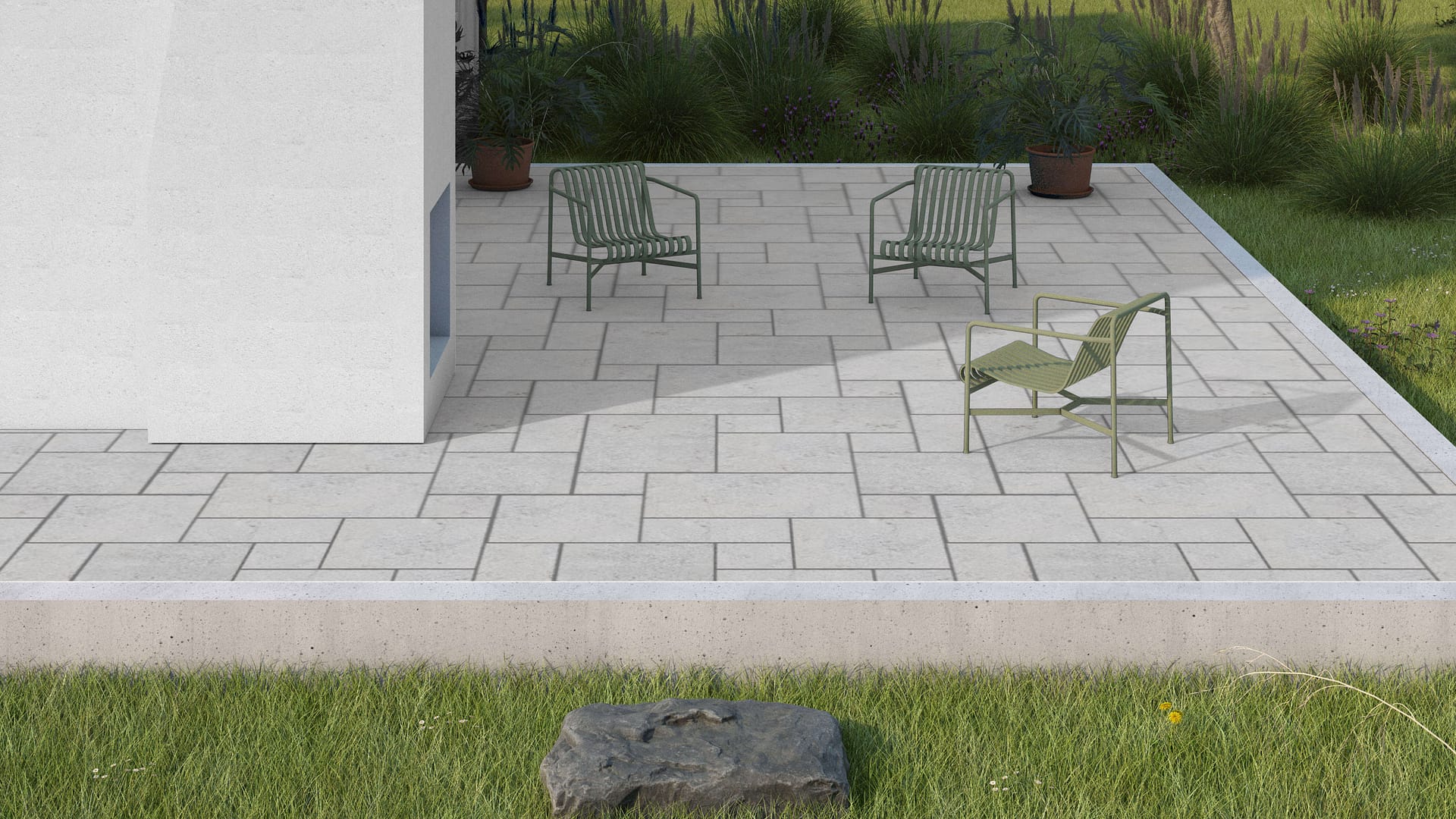  SDT1400 SDM388 M734 Bavarian Gray Limestone - Bush Hammered | Pattern DP086 Paving - Universal - Sawn Edge - Dimensional 12 Pieces 4 Sizes | 12x12”(4) 24x12”(2) 24x24”(4),36x24”(2)