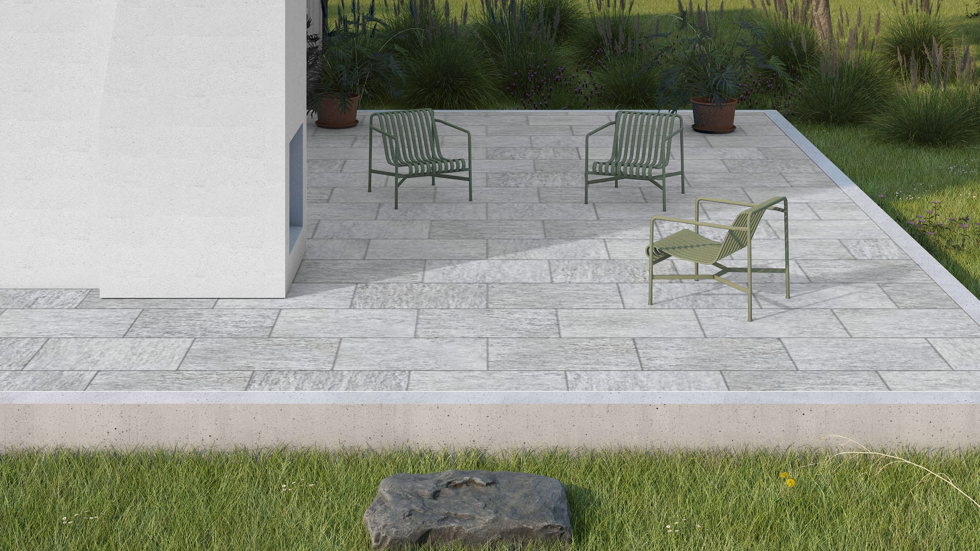  SDT1404 SDM395 M1023 Pietra Italia Gray Gneiss - Sand Blasted | Pattern DP061 Paving - Half Running Bond - Sawn Edge - Dimensional 3 Pieces 1 Size* | 36x24"