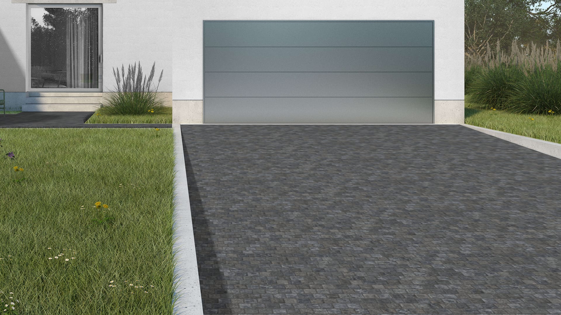 SDT1504 SDM480 P1227 Reclaimed Basalt Cobblestones - Weathered &amp; Worn | Pattern DP054 Paving - Reclaimed Cobblestone Running Bond Pattern - Cubes - Split Edge - Constant Sizes