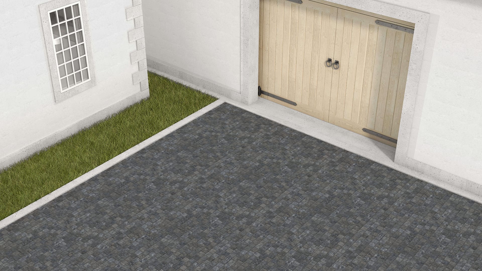 SDT1504 SDM480 P1227 Reclaimed Basalt Cobblestones - Weathered &amp; Worn | Pattern DP054 Paving - Reclaimed Cobblestone Running Bond Pattern - Cubes - Split Edge - Constant Sizes