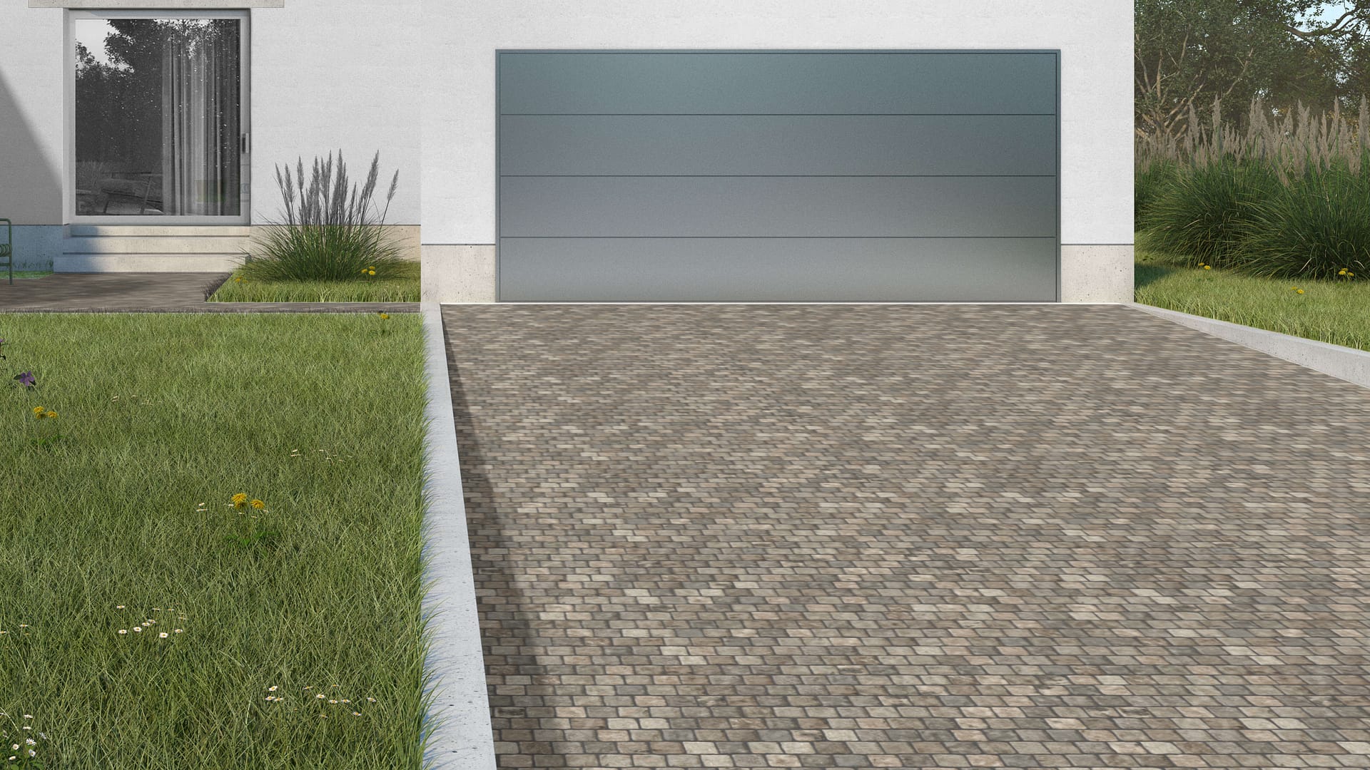 SDT1503 SDM481 P494 Reclaimed European Sandstone Cobblestones - Weathered &amp; Worn | Pattern DP054 Paving - Reclaimed Cobblestone Running Bond Pattern - Cubes - Split Edge - Constant Sizes