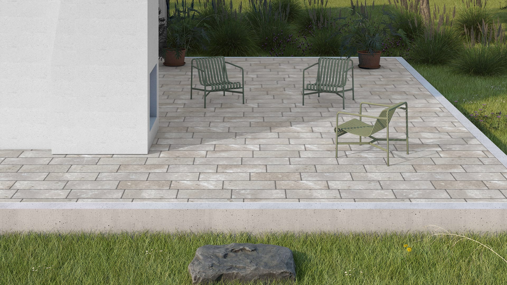  SDT1363 SDM387 M735 Bavarian Dolomite Gray Limestone - Bush Hammered | Pattern DP063 Paving - Running Bond - Sawn Edge - Dimensional 3 Pieces 1 Size* | 24x12"