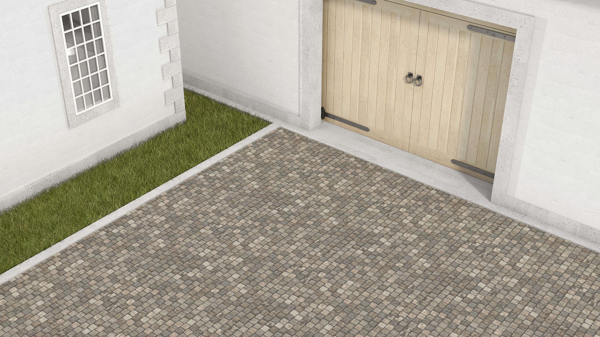 SDT1503 SDM481 P494 Reclaimed European Sandstone Cobblestones - Weathered &amp; Worn | Pattern DP054 Paving - Reclaimed Cobblestone Running Bond Pattern - Cubes - Split Edge - Constant Sizes