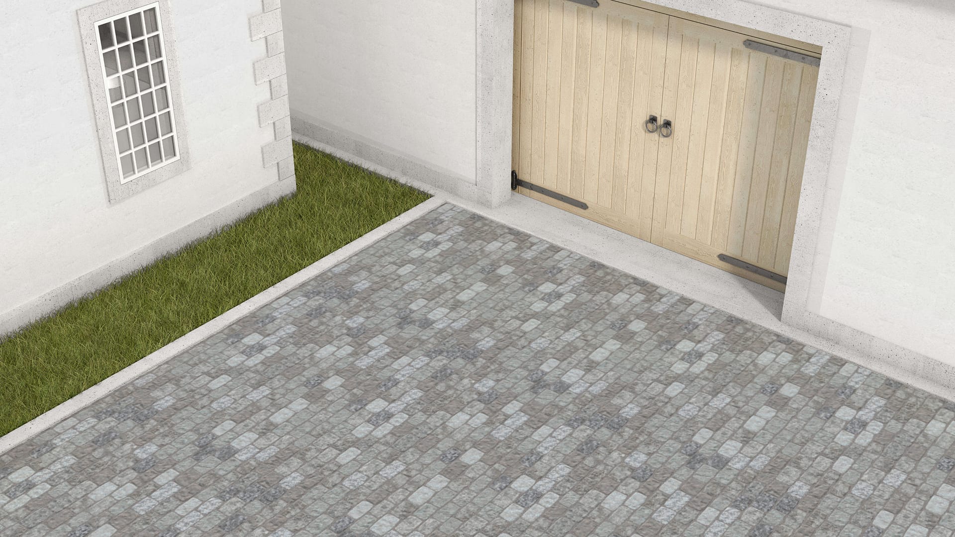 SDT1445 SDM423 P261 Reclaimed European Sandstone Cobblestones - Weathered &amp; Worn | Pattern DP112 Paving - Reclaimed Cobblestone Running Bond - Split Edge - Approx 8x5''