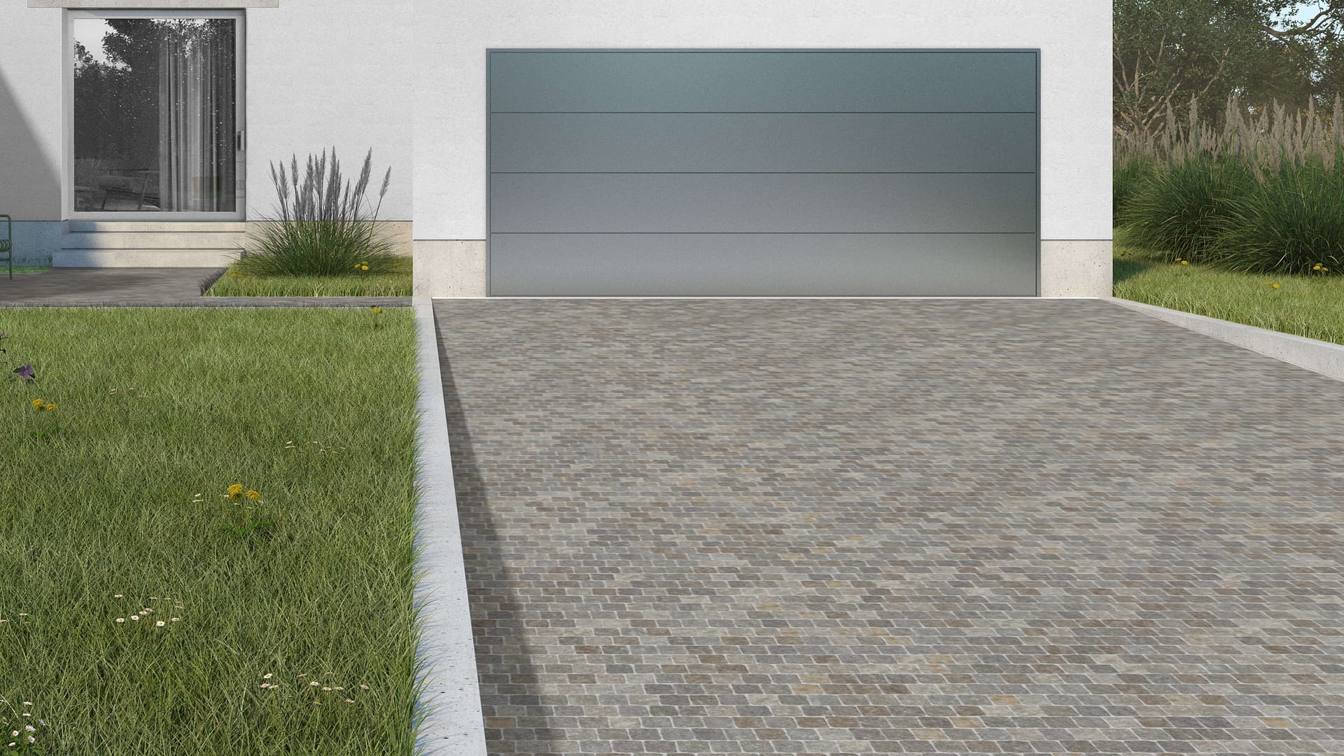 SDT1574 SDM490 M1294 Imperial Gray Porphyry - Split-face | Pattern DP054 Paving - Reclaimed Cobblestone Running Bond Pattern - Cubes - Split Edge - Constant Sizes