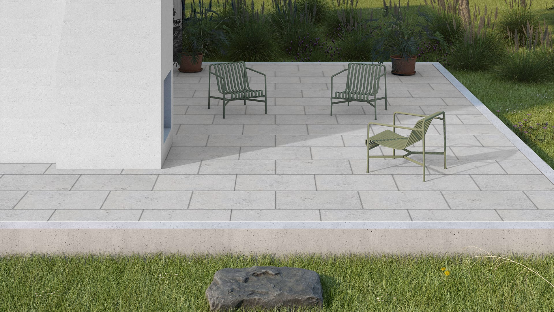 SDT1399 SDM388 M734 Bavarian Gray Limestone - Bush Hammered | Pattern DP061 Paving - Half Running Bond - Sawn Edge - Dimensional 3 Pieces 1 Size* | 36x24"