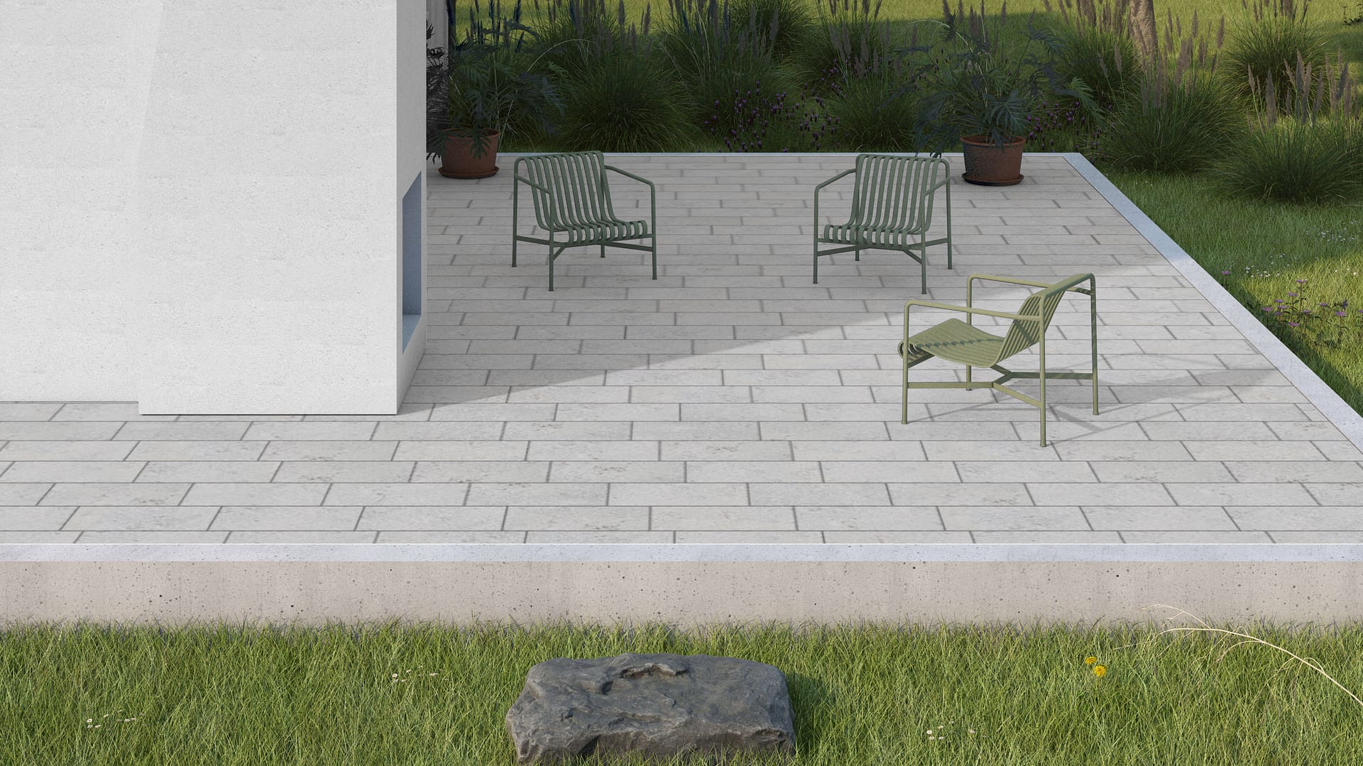  SDT1398 SDM388 M734 Bavarian Gray Limestone - Bush Hammered | Pattern DP063 Paving - Running Bond - Sawn Edge - Dimensional 3 Pieces 1 Size* | 24x12"
