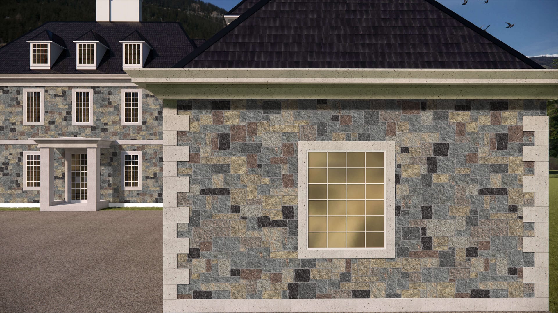 SDT1580 SDM479 P1221 Vineyard Granite - Bedface | Pattern DP113 Veneer - Roughly Squares and Rectangles - Split Edge - Random Sizes