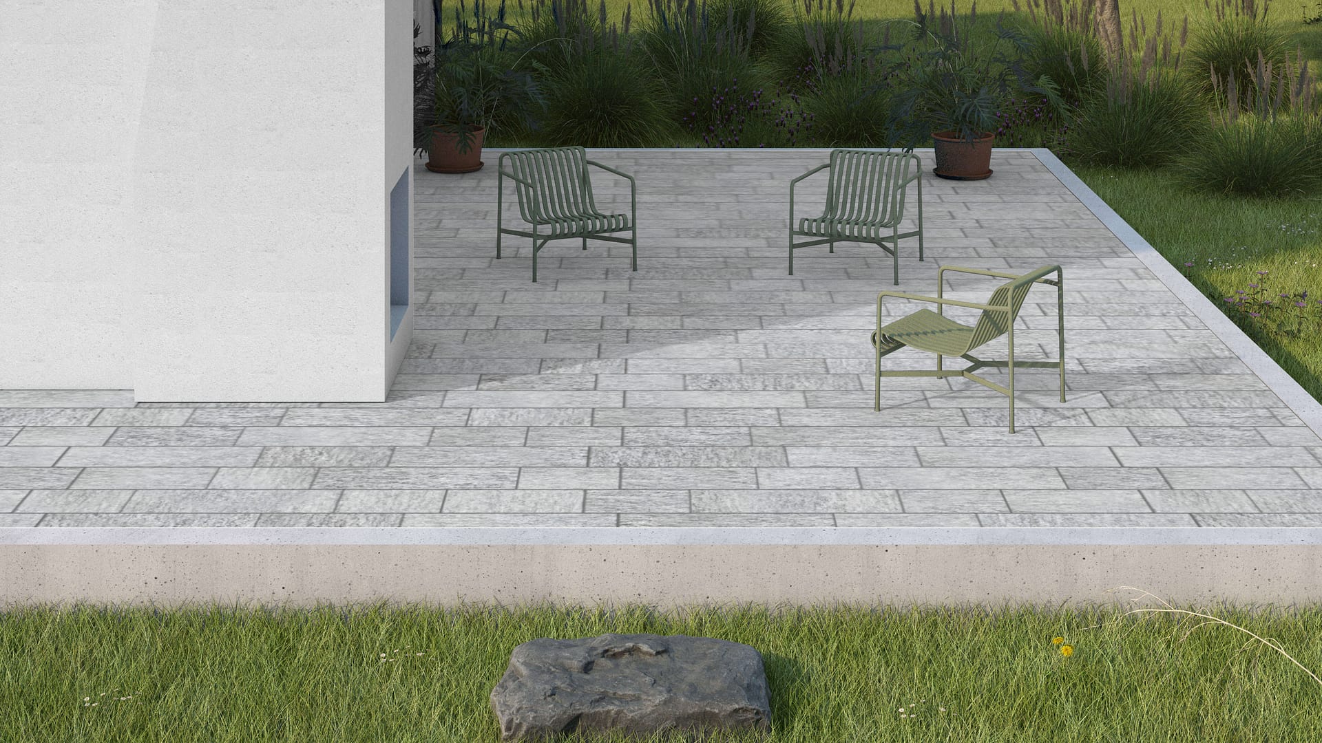  SDT1406 SDM395 M1023 Pietra Italia Gray Gneiss - Sand Blasted | Pattern DP087 Paving - Running Bond - Sawn Edge - Dimensional 22 Pieces 3 Sizes | 18x12"(8) 24x12"(6) 36x12"(8)