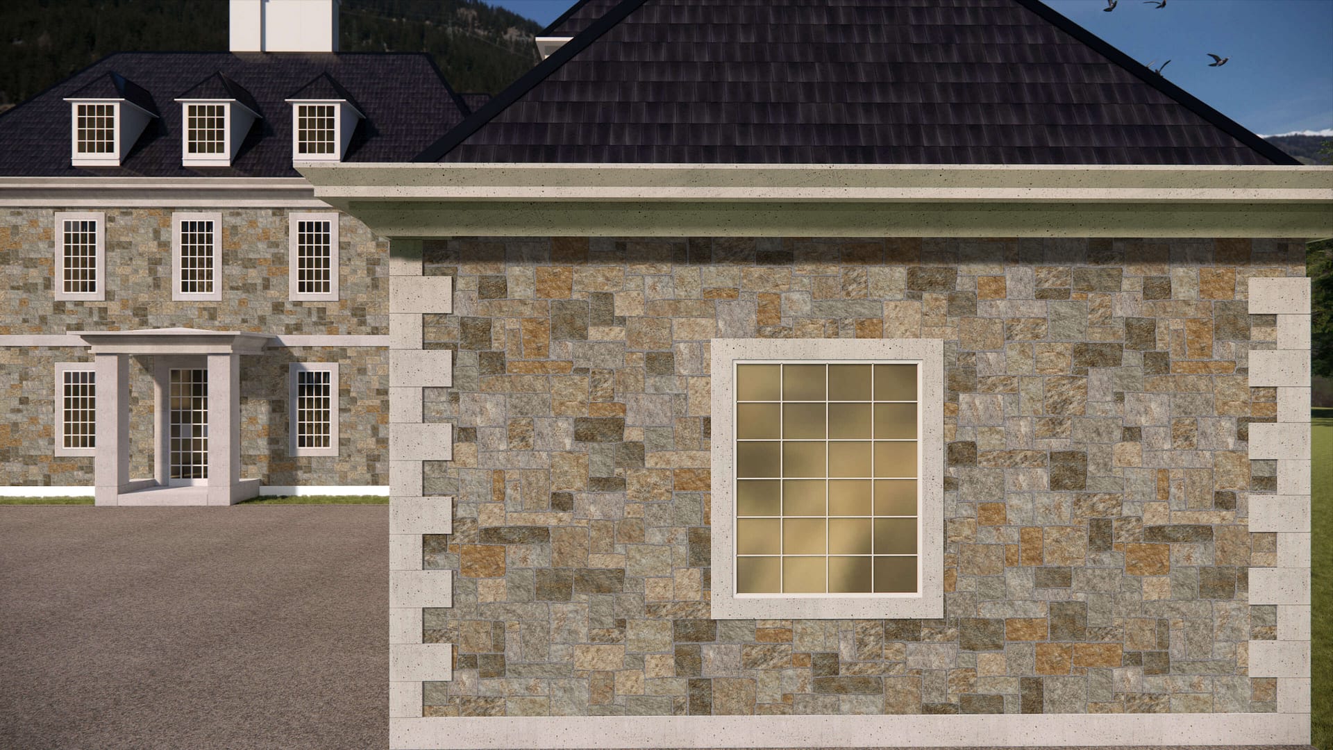 SDT1577 SDM468 P1224 New England Tan Granite - Bedface | Pattern DP113 Veneer - Roughly Squares and Rectangles - Split Edge - Random Sizes