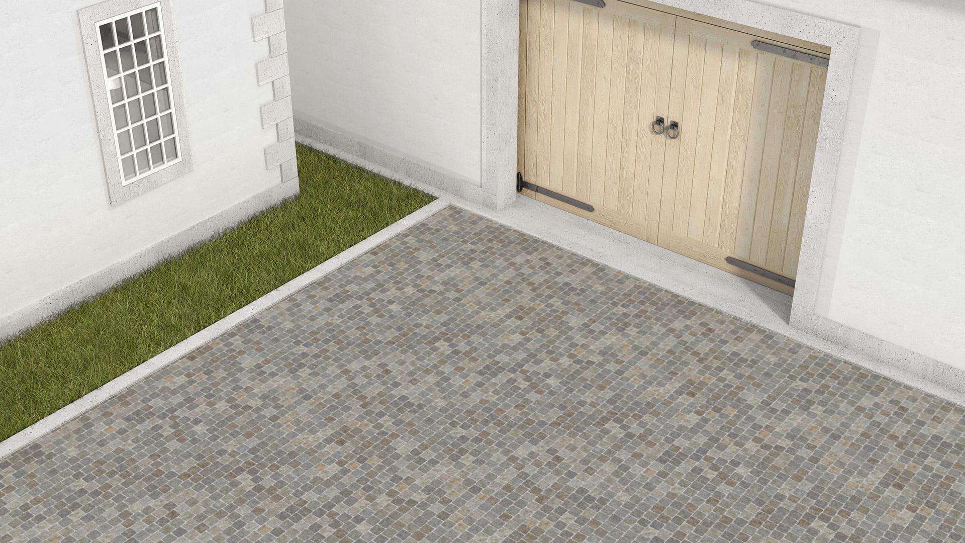 SDT1574 SDM490 M1294 Imperial Gray Porphyry - Split-face | Pattern DP054 Paving - Reclaimed Cobblestone Running Bond Pattern - Cubes - Split Edge - Constant Sizes