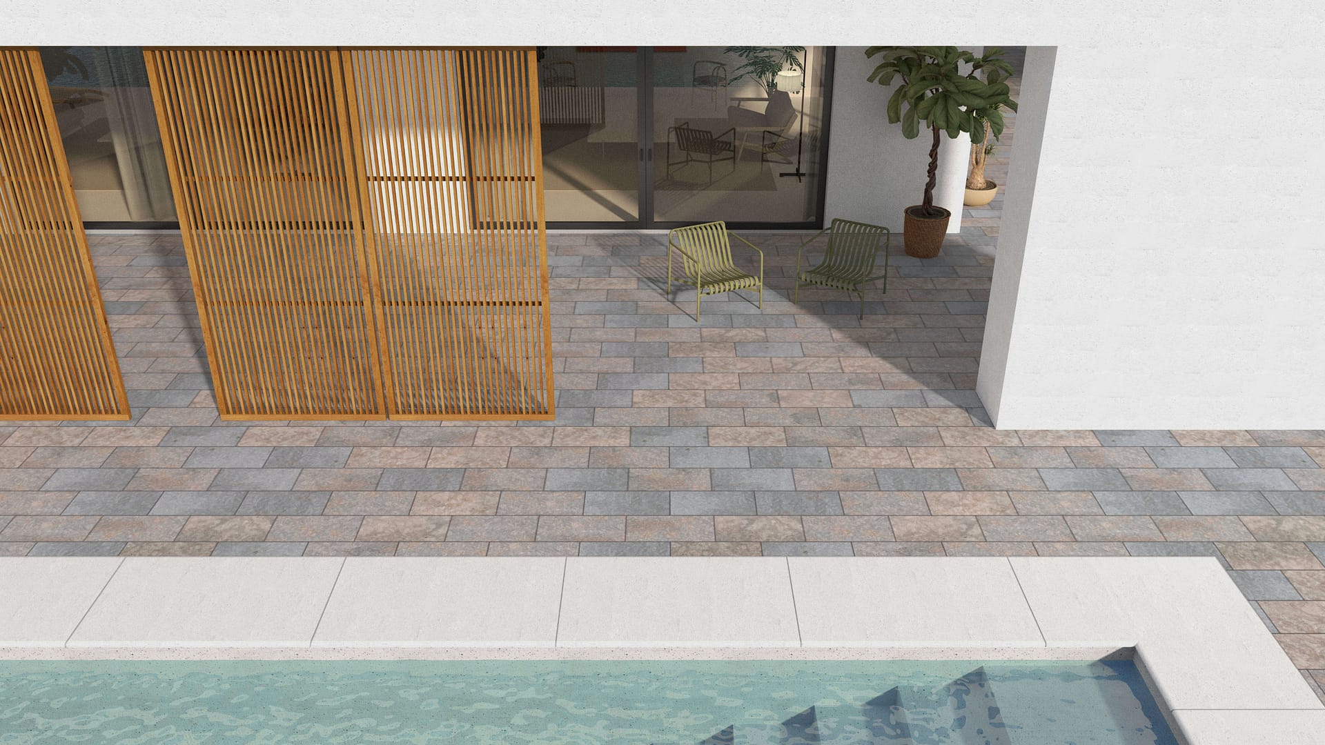 SDT1423 SDM382 P1085 Madison Full Color Limestone - Flamed | Pattern DP061 Paving - Half Running Bond - Sawn Edge - Dimensional 3 Pieces 1 Size* | 24x12"