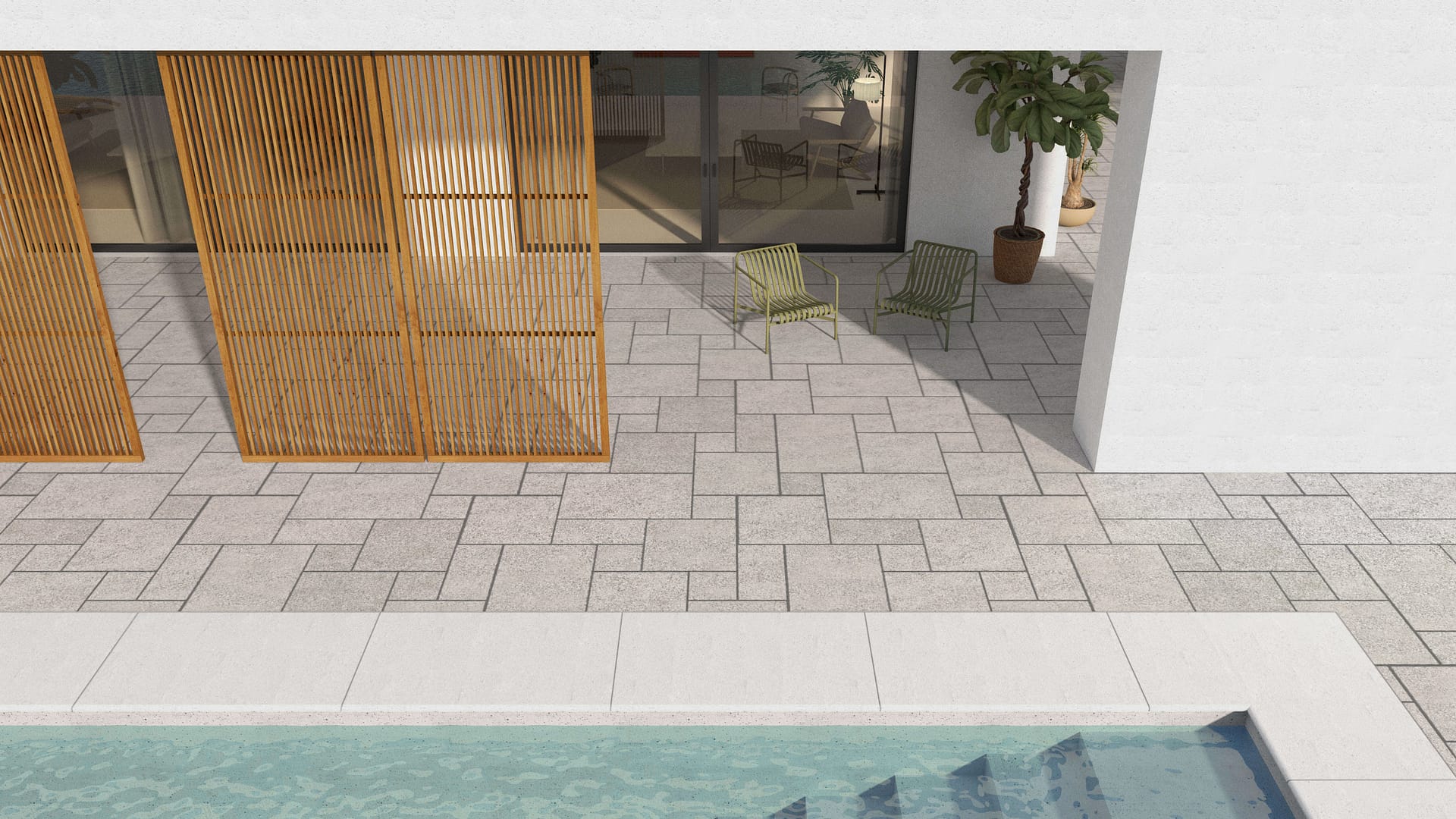  SDT1390 SDM393 M733 Bavarian Beige Limestone - Bush Hammered | Pattern DP086 Paving - Universal - Sawn Edge - Dimensional 12 Pieces 4 Sizes | 12x12”(4) 24x12”(2) 24x24”(4),36x24”(2)