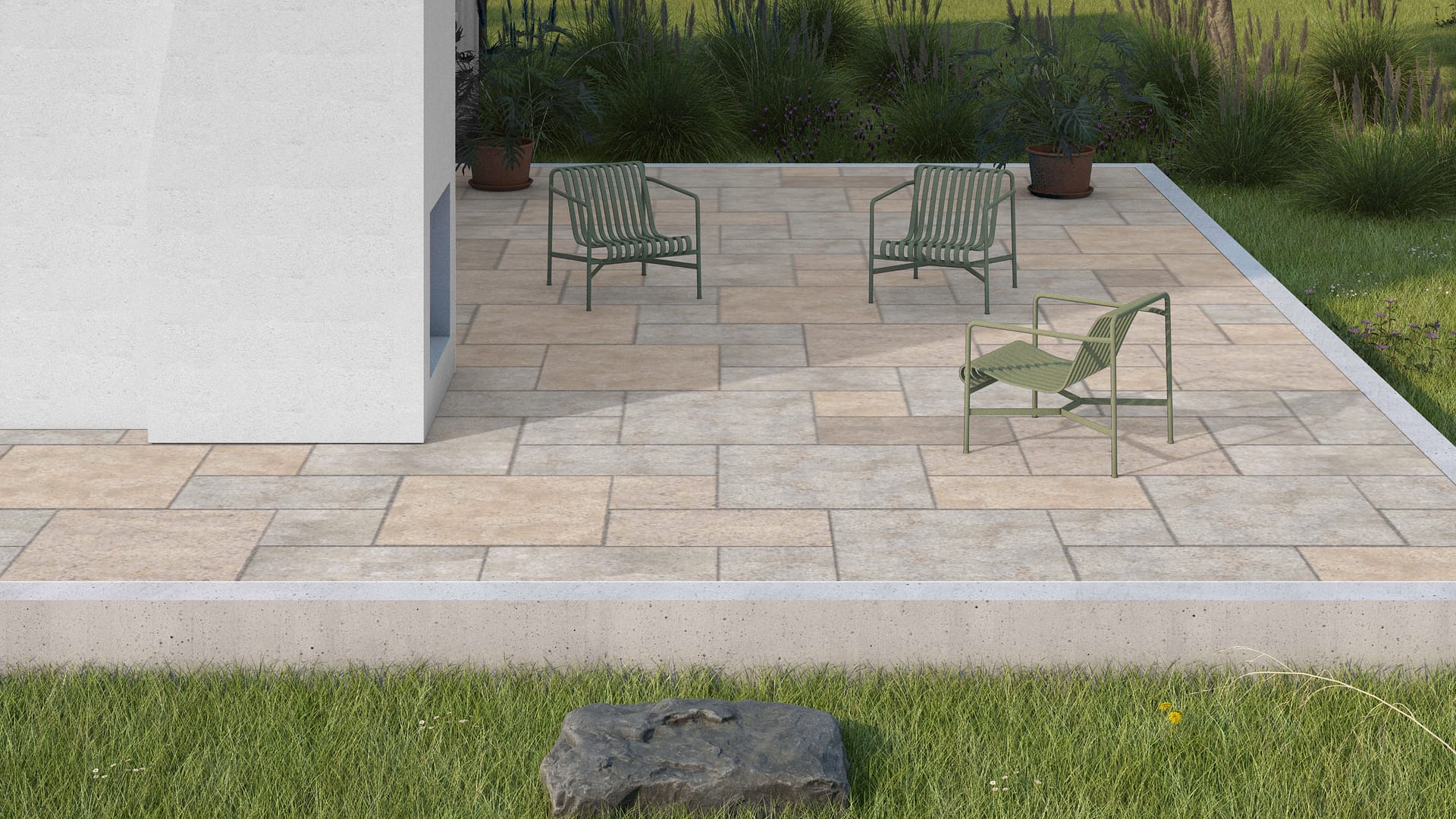  SDT1351 SDM381 P1086 Golden Buff Limestone - Sand Blasted | Pattern DP088 Paving - Universal - Sawn Edge - Dimensional 3 Pieces 3 Sizes | 18x18”(1), 36x18(1), 36x36”(1)