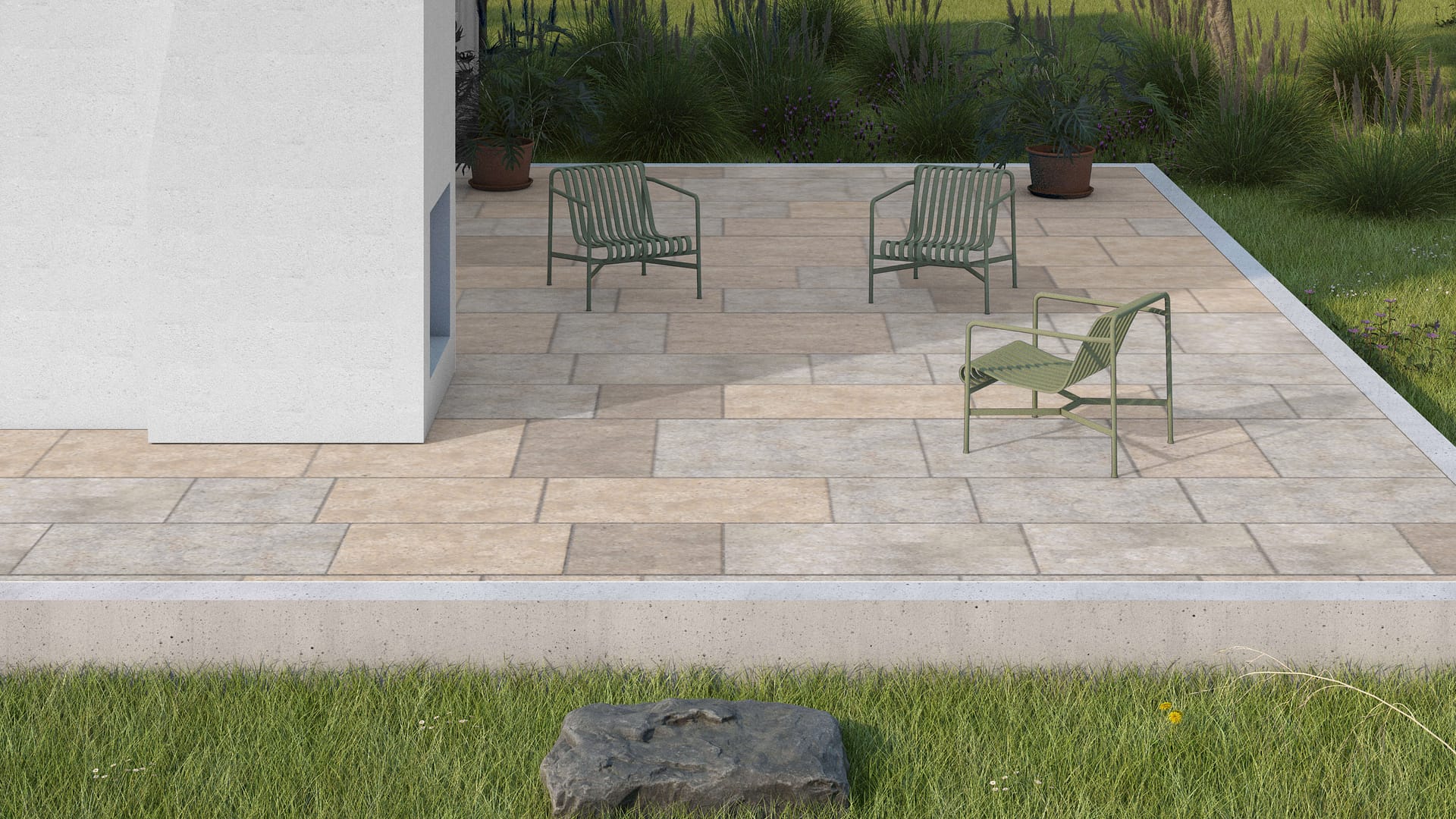  SDT1357 SDM381 P1086 Golden Buff Limestone - Sand Blasted | Pattern DP074 Paving - Running Bond - Sawn Edge - Dimensional 9 Pieces 5 Sizes | 24x24”(2), 36x24”(3), 48x24”(2), 36x36”(1), 48x36”(1)