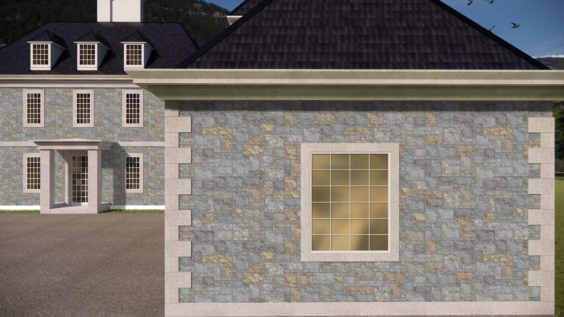 SDT1458 SDM414 P1189 Quimby Mountain Mica Granite - Split-face | Pattern DP113 Veneer - Roughly Squares and Rectangles - Split Edge - Random Sizes