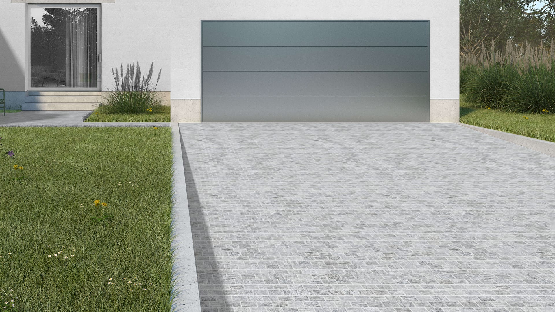  SDT1508 SDM395 M1023 Pietra Italia Gray Gneiss - Sand Blasted | Pattern DP061 Paving - Half Running Bond - Sawn Edge - Dimensional 3 Pieces 1 Size* | 4x4"