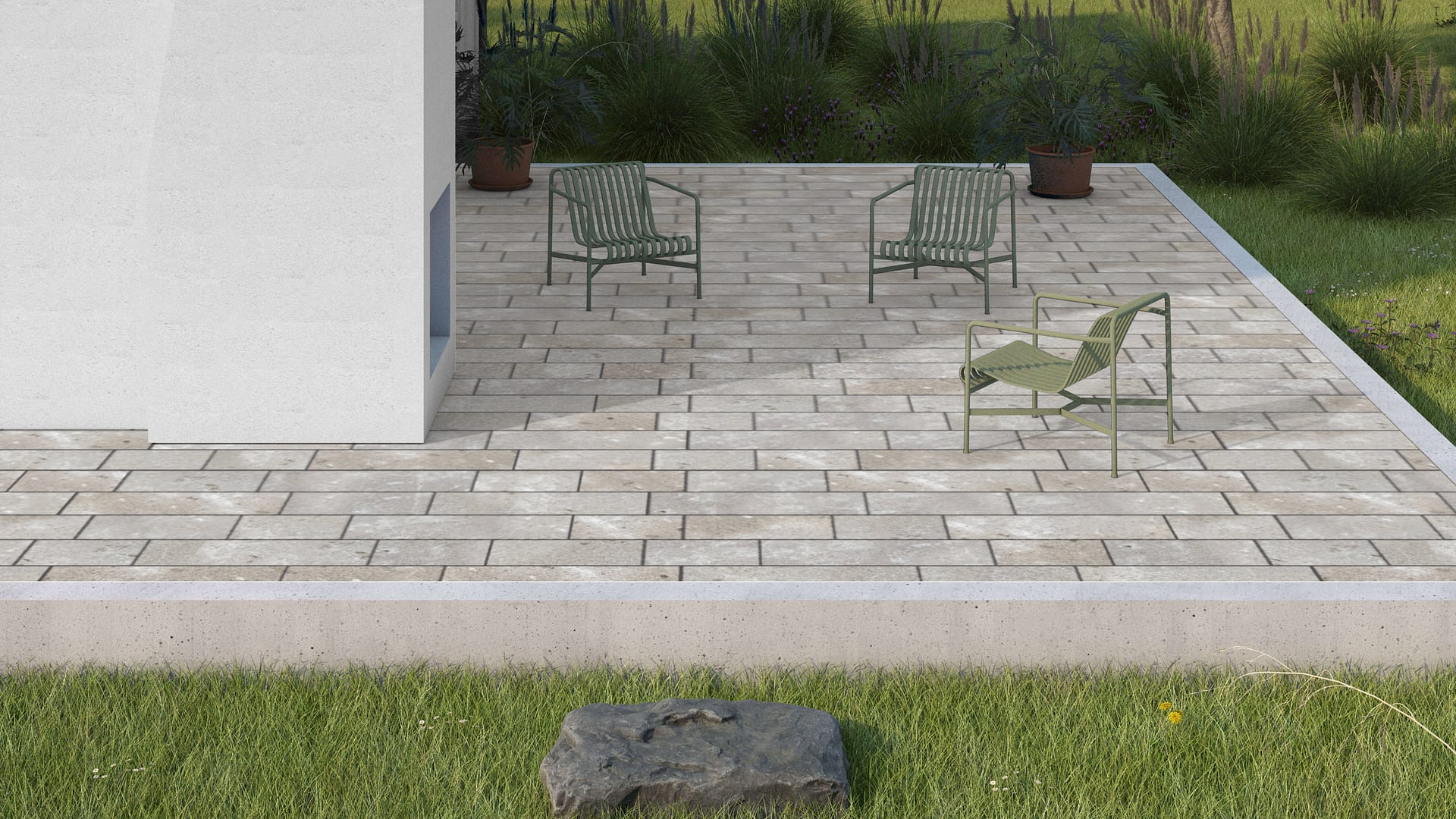  SDT1367 SDM387 M735 Bavarian Dolomite Gray Limestone - Bush Hammered | Pattern DP087 Paving - Running Bond - Sawn Edge - Dimensional 22 Pieces 3 Sizes | 18x12"(8) 24x12"(6) 36x12"(8)