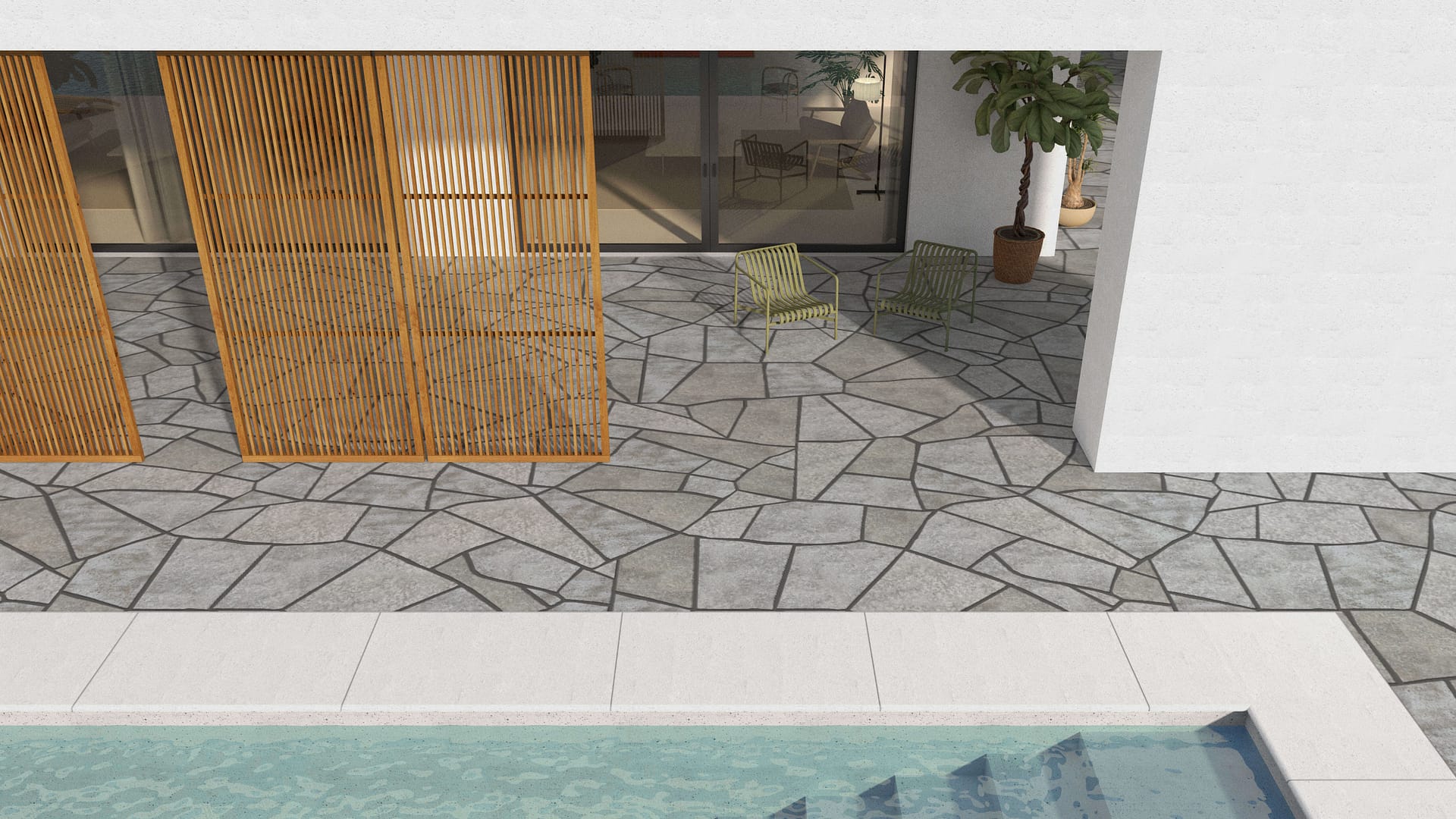 SDT1546 SDM483 M918 Madison Limestone - Flamed | Pattern DP129 Paving - Mosaic Angular &amp; Curved - Split Edge - Ransom Sizes