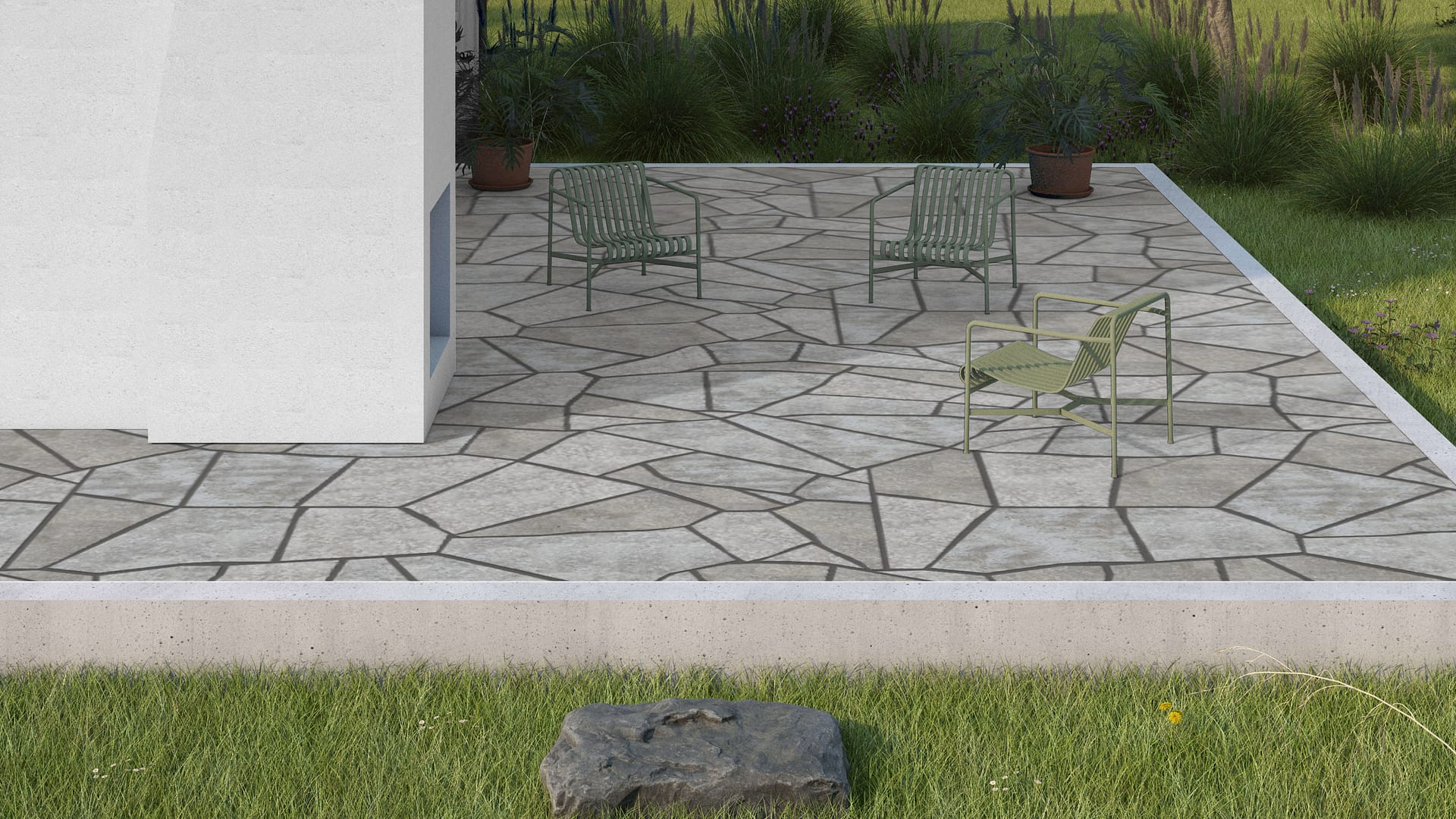 SDT1546 SDM483 M918 Madison Limestone - Flamed | Pattern DP129 Paving - Mosaic Angular &amp; Curved - Split Edge - Ransom Sizes