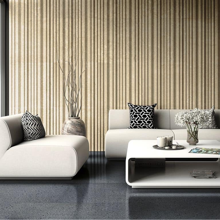 Application image for Basalto Basalt. The image shows this material being used in an interior floor application. The dominant color shown is black. The color mix creates a cool feeling.