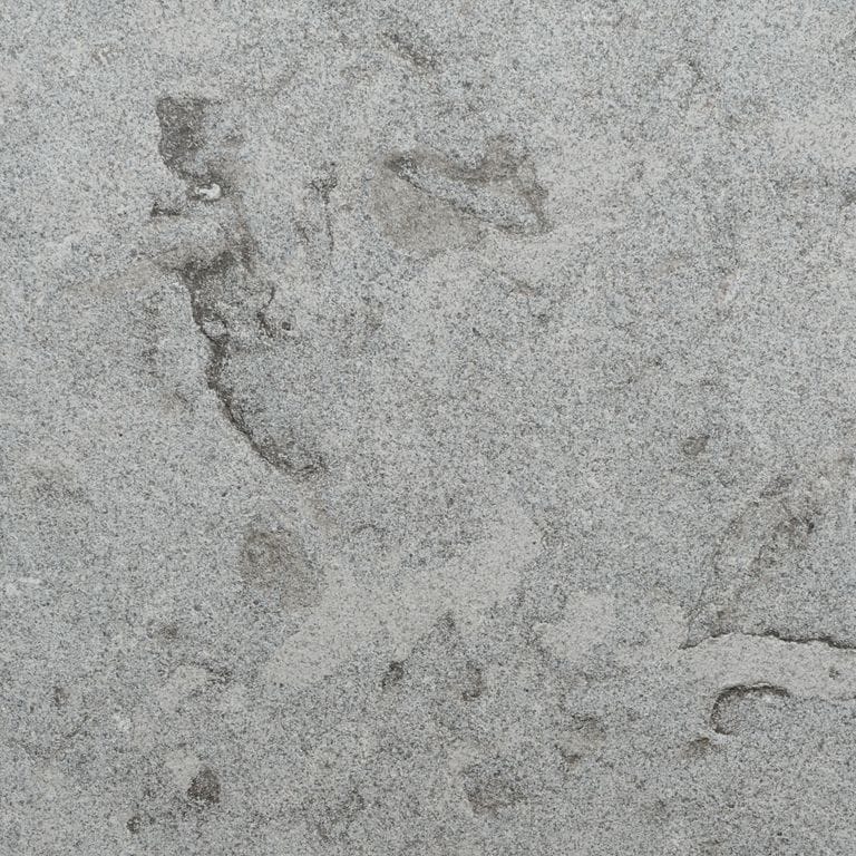 Color/Finish variation image for Fossil Gray Limestone. The surface finish shown is sand blasted. The dominant color shown is gray. The color mix creates a cool feeling.