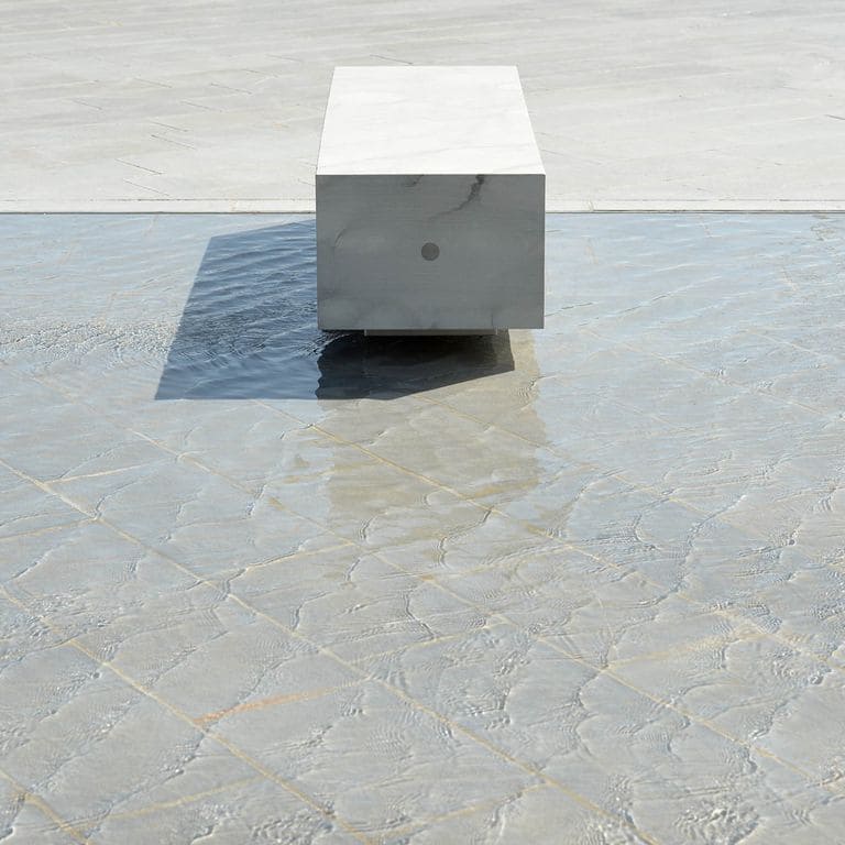 Application image for Pietra Forte Fiorentina Sandstone. The image shows this material being used for water features, seating &amp; benches and patio pavers. The surface finish shown is honed. Dominant colors shown are gray and white; with beige, blue, pink and cream secondaries. The color mix creates a cool feeling. Regular color pattern.