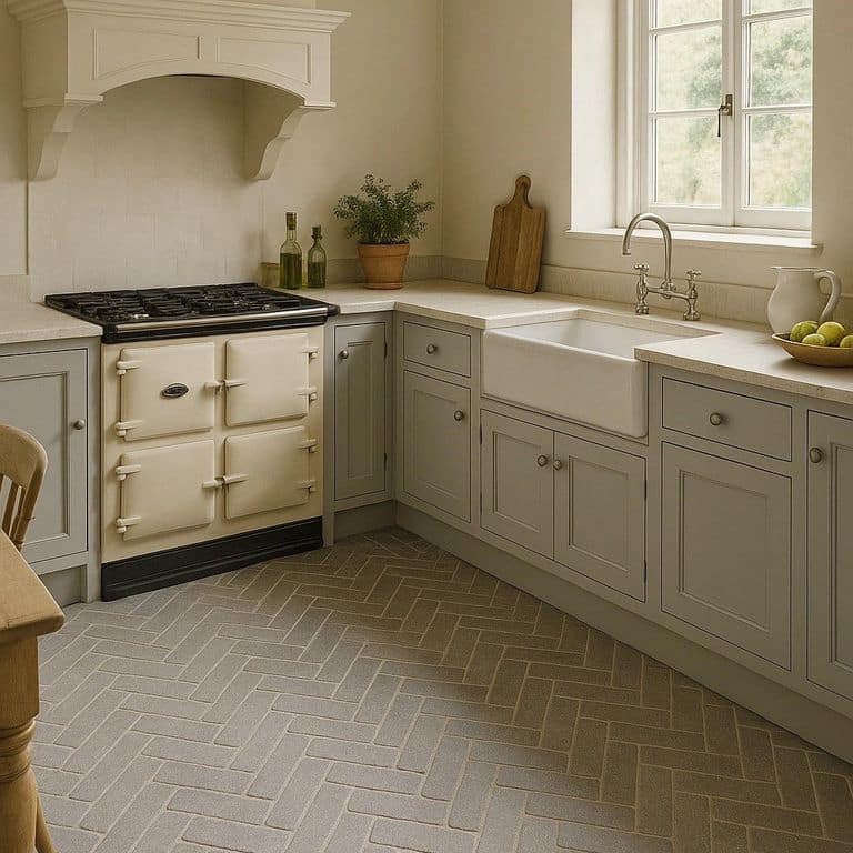 Application image for Northern Bay Limestone. The image shows this material being used in an interior floor application. The dominant color shown is gray. The color mix creates a cool feeling.