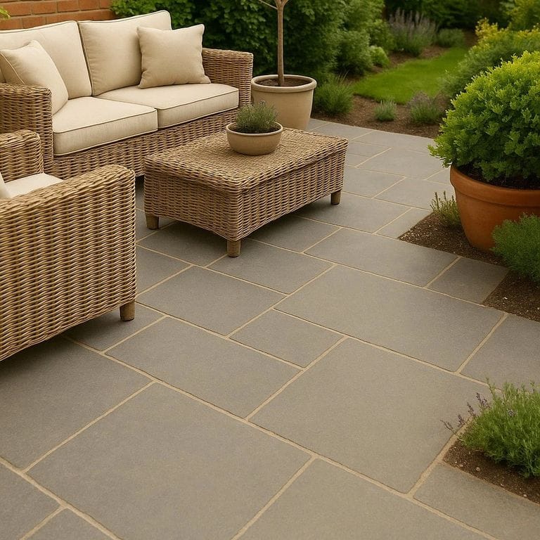 Application image for Northern Bay Limestone. The image shows this material being used in a patio pavers application. The dominant color shown is gray. The color mix creates a cool feeling.