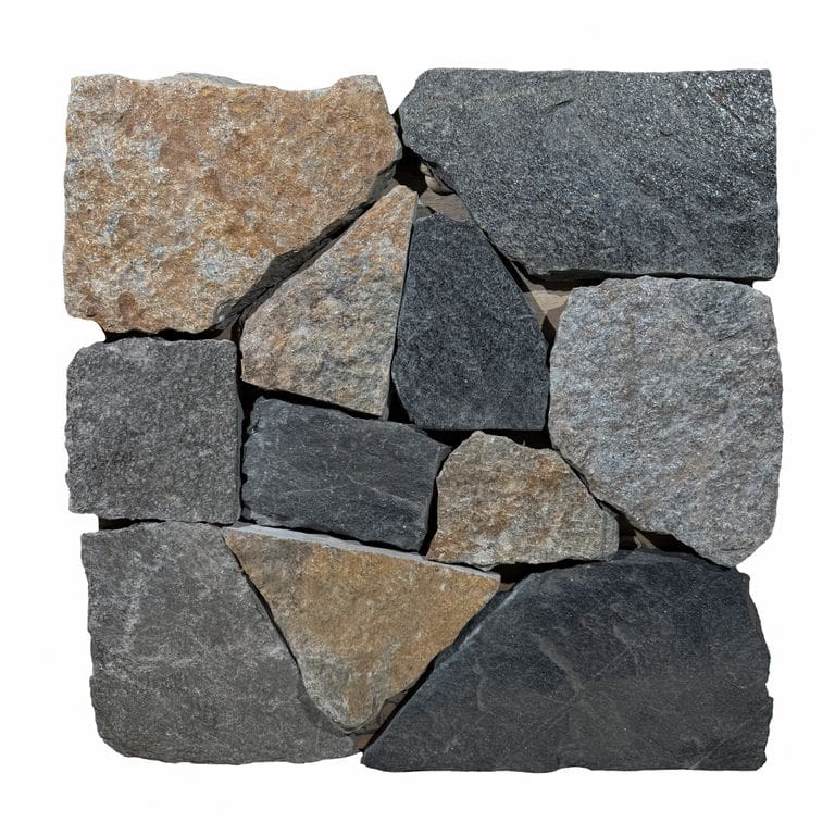 Best close-up image for Vermont Granite Blend. The surface finish shown is split-face. Dominant colors shown are black, gray and tan. The color mix creates a warm feeling.