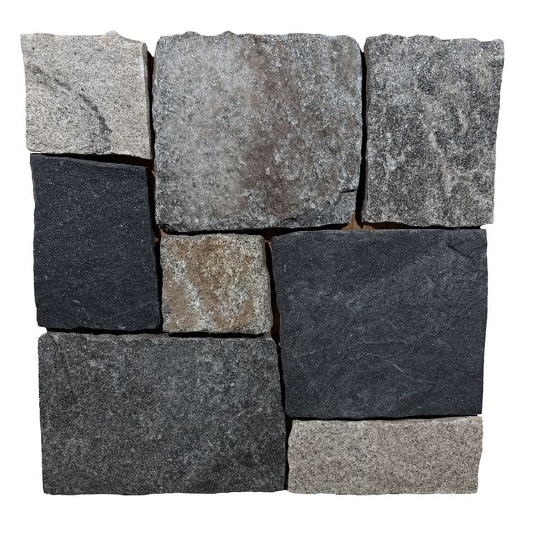 Application image for Windsor Granite Thin Veneer. The surface finish shown is split-face. Dominant colors shown are black and gray. The color mix creates a cool feeling.