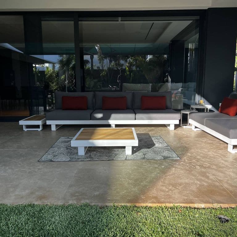 Application image for Limestone - Rabat Beige. The image shows this material being used in a patio pavers application. Dominant colors shown are brown and tan. The color mix creates a warm feeling.