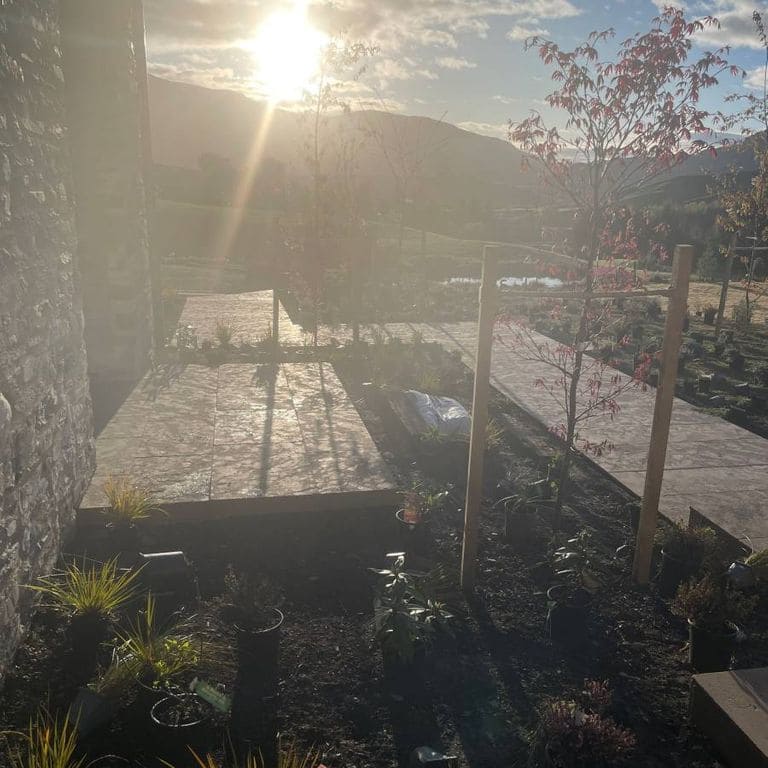 Application image for Limestone - Rabat Beige. The image shows this material being used in a path pavers application. Dominant colors shown are gray and tan. The color mix creates a warm feeling.