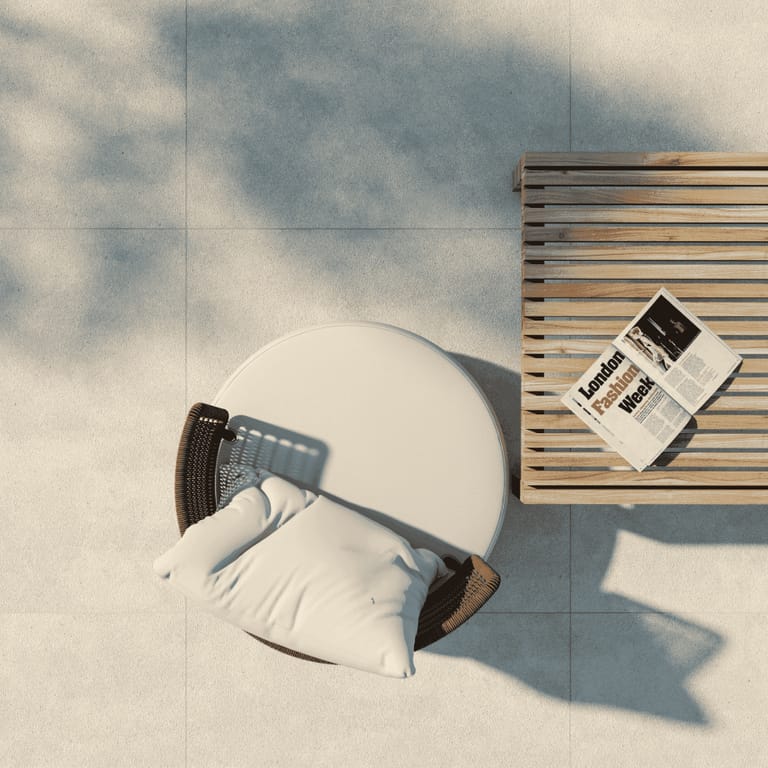 Application image for Meknes Beige Limestone. The image shows this material being used in a patio pavers application. The surface finish shown is bush hammered. Dominant colors shown are beige and tan. The color mix creates a warm feeling.