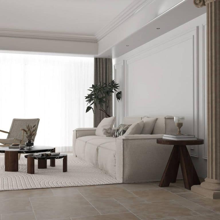 Application image for Limestone - Meknes Beige. The image shows this material being used in an interior floor application. Dominant colors shown are beige, gray and tan. The color mix creates a warm feeling.