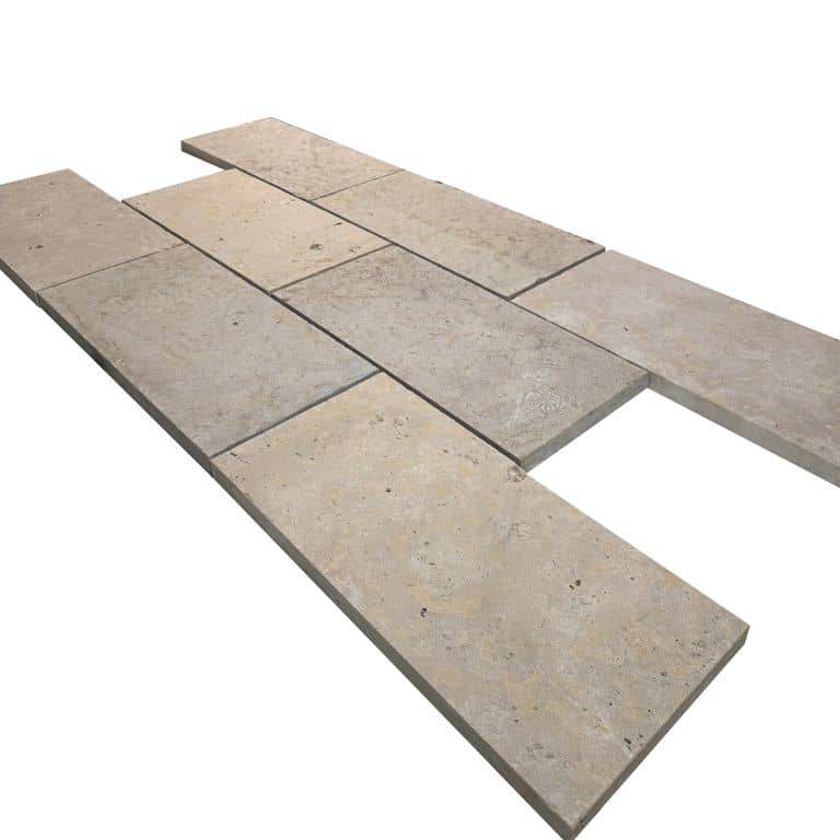 Feature image for Limestone - Golden Buff. The surface finish shown is flamed. Dominant colors shown are beige, gray and tan. The color mix creates a warm feeling.