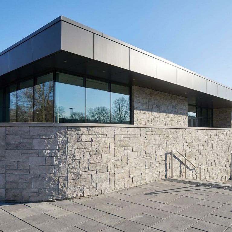 A photograph captures the exterior of a modern building featuring a large retaining wall and facade constructed from textured, light-colored Stone Curators product M1224 - Fond du Lac Limestone. A prominent dark metal overhang with recessed lighting extends over large glass windows that reflect the blue sky and bare trees. Steps with a metal railing lead down to a paved area in the foreground.