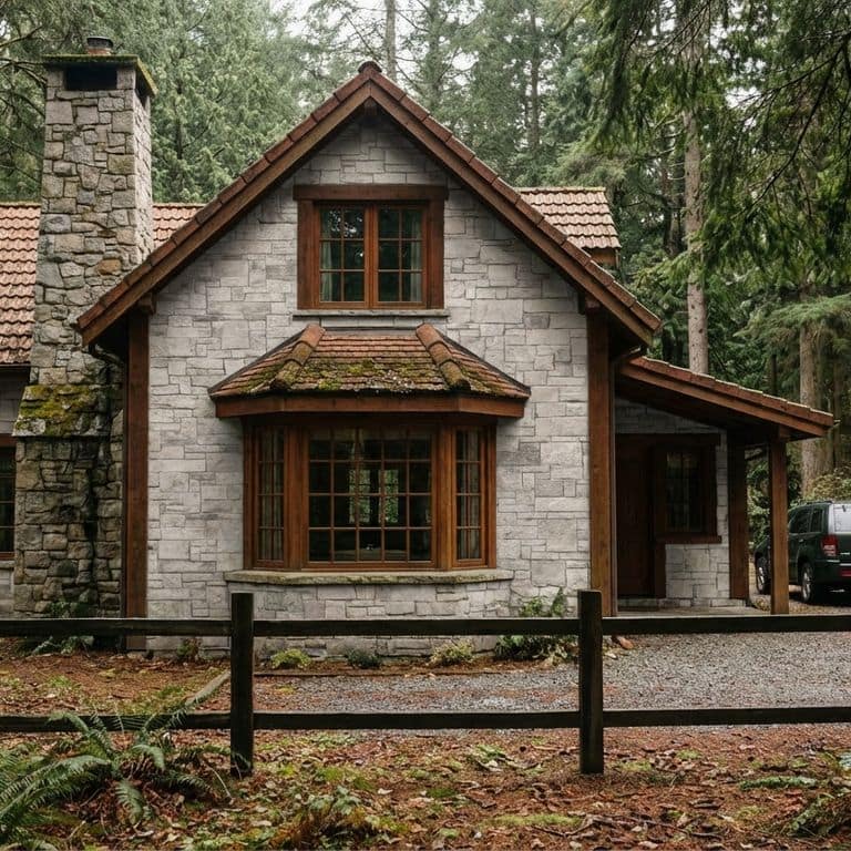 A stone cottage, located in a forest setting with tall trees and two cars parked in the driveway, features an exterior veneer made from Stone Curators product M1224 - Fond du Lac Limestone. The house has a tiled roof, a prominent stone chimney, a bay window with wooden trim, and is enclosed by a low wooden fence.