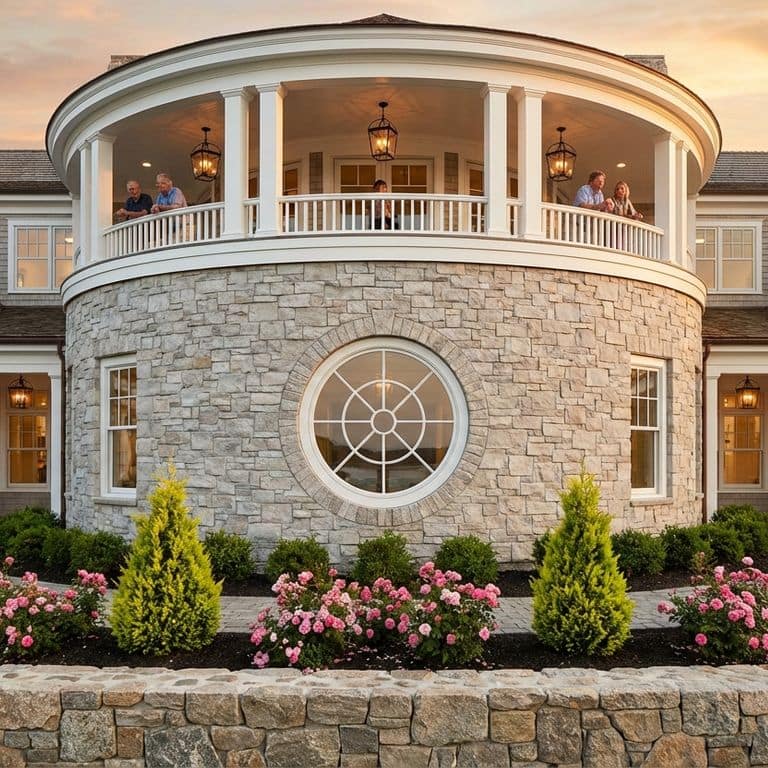A sunset view of a large, multi-story residence featuring a central cylindrical stone tower with a large circular window and a second-floor balcony where four people are standing. The stone exterior veneer on the tower is made from Stone Curators product M1224 - Fond du Lac Limestone. The wings of the house have shingle siding and multiple windows. A landscaped garden with small conical evergreen trees, pink rose bushes, and a low stone retaining wall is in the foreground, with a paved walkway leading to the front entrance. The sky is a soft orange and yellow from the setting sun.