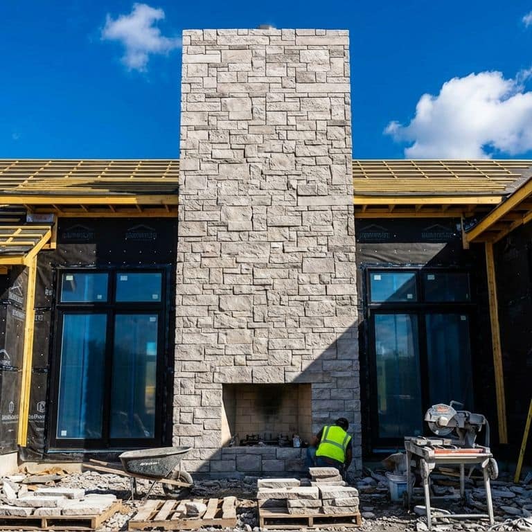 A worker kneels by a large, rectangular stone chimney that features Stone Curators product M1224 - Fond du Lac Limestone exterior veneer on a house under construction. Piles of the light-grey stone, a wheelbarrow, and a masonry saw are in the foreground. The house has exposed wood framing on the roof and black-framed windows and doors, with black weather-resistant wrap on the walls. The sky is blue with clouds.