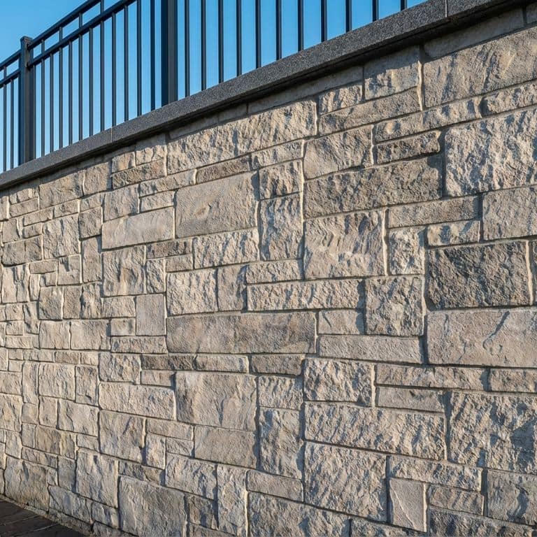 A photograph shows a large retaining wall made from irregular blocks of beige and grey stone veneer, specifically Stone Curators product M1224 - Fond du Lac Limestone. A concrete cap and a black metal railing top the wall.