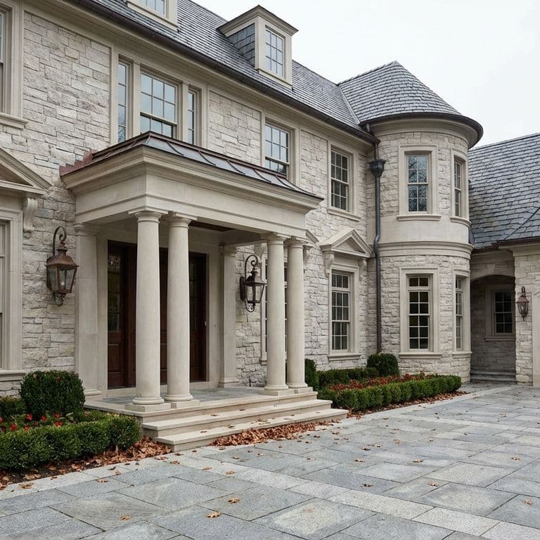 A view of the front facade of a large house with an exterior stone veneer made from Stone Curators product M1224 - Fond du Lac Limestone. The home features a prominent columned portico over the front entrance, a circular turret, a dark slate roof, and a paved driveway leading to wooden garage doors. Manicured bushes and scattered autumn leaves are present along the foundation.