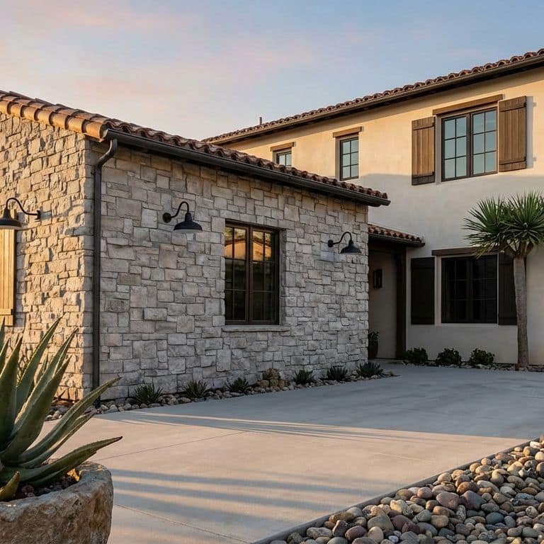 A two-story house featuring an exterior veneer (v) made from Stone Curators product M1224 - Fond du Lac Limestone on the left section and light-colored stucco on the right, under a terracotta tiled roof. The house has dark window frames, wooden shutters, and gooseneck lights. A concrete driveway leads to the entrance, bordered by desert landscaping with large succulents, river rocks, and palm trees during the golden hour.