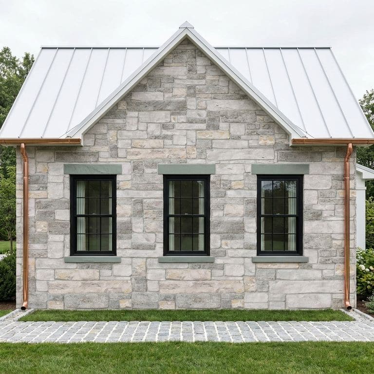 An exterior view of a building featuring a stone veneer facade made from Stone Curators product M1255 - Nordic Sierra Gray Limestone, a white standing seam metal roof, three black-framed windows with grey stone sills, and copper downspouts on each side.