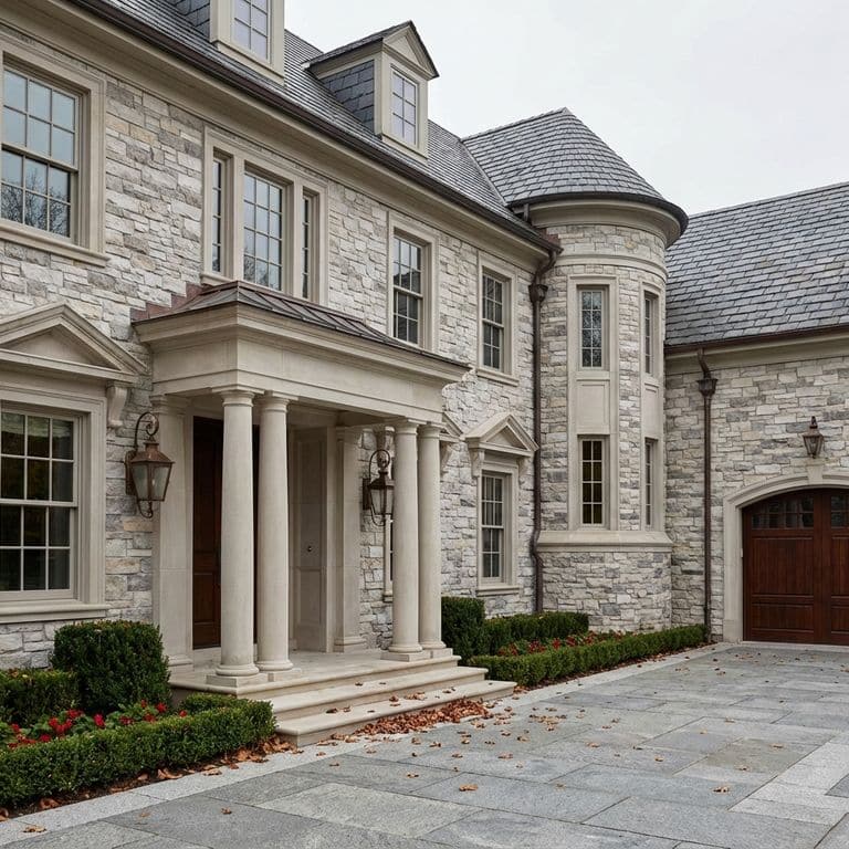 Exterior view of a large, traditional home featuring a front portico with columns, a circular turret, and a dark wood garage door. The exterior veneer (v) is made from Stone Curators product M1255 - Nordic Sierra Gray Limestone. The driveway is paved with stone, and the landscaping includes manicured bushes with small red flowers.