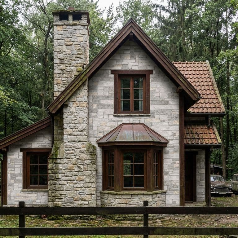 A stone cottage in a forest setting, featuring a prominent chimney and bay window. The house's exterior veneer (v) is made from Stone Curators product M1255 - Nordic Sierra Gray Limestone. It has dark wood trim, a tiled roof, and two vintage cars are parked to the side. A wooden fence runs across the foreground.