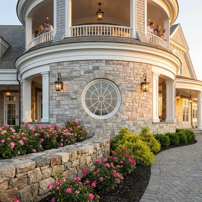 Exterior view of a large home featuring a prominent rounded section with a stone veneer (v) made from Stone Curators product M1255 - Nordic Sierra Gray Limestone. A paver walkway winds past a stone retaining wall with pink roses and bushes towards the entrance. People are visible on the upper balconies, and the scene is bathed in warm sunset light.